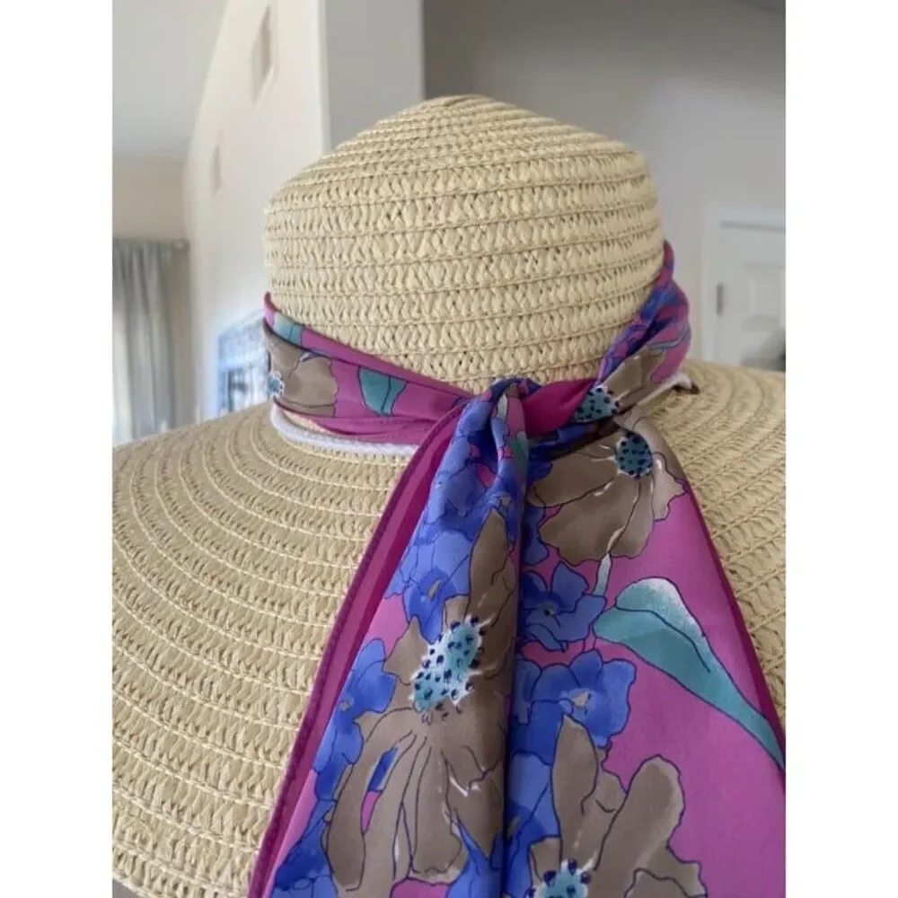 NWT Straw Hat with Purple Scarf and tie